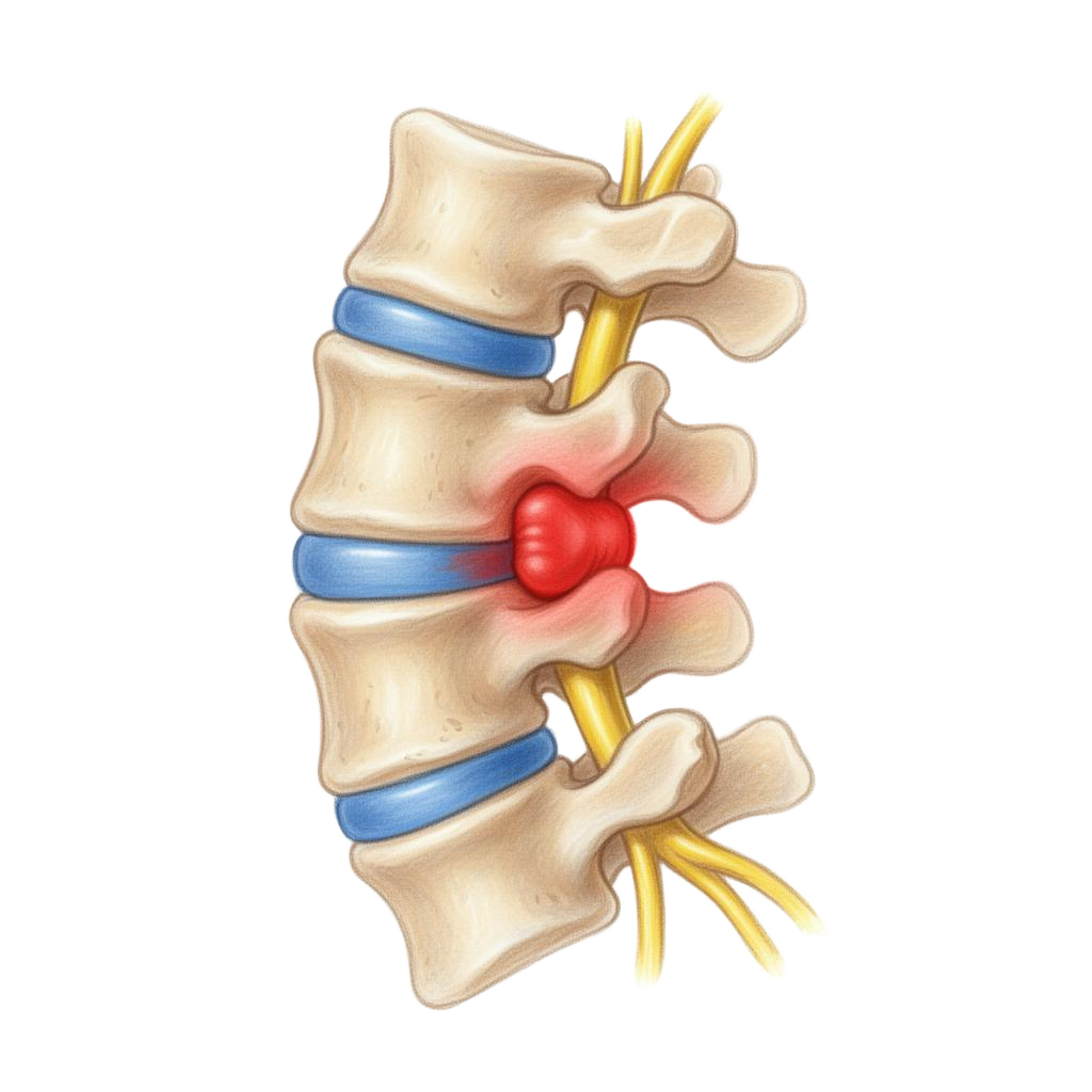 Lumbar spine showing a herniated disc compressing a nerve root