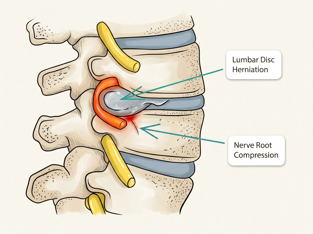 Hand-drawn medical illustration of the lumbar spine in side view, showing four vertebrae with yellow nerve roots, blue-gray discs, and one herniated disc as an orange-red inflamed ring around extruded gray disc material pressing on a nerve root. Two labels point to 'Lumbar Disc Herniation' and 'Nerve Root Compression'.